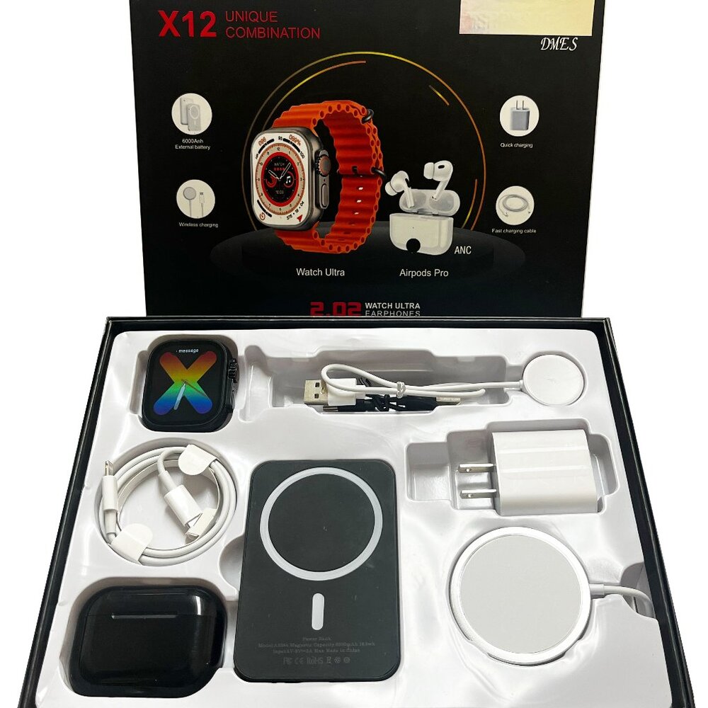 All Black DMES X12 Smartwatch, earbuds, power bank combo